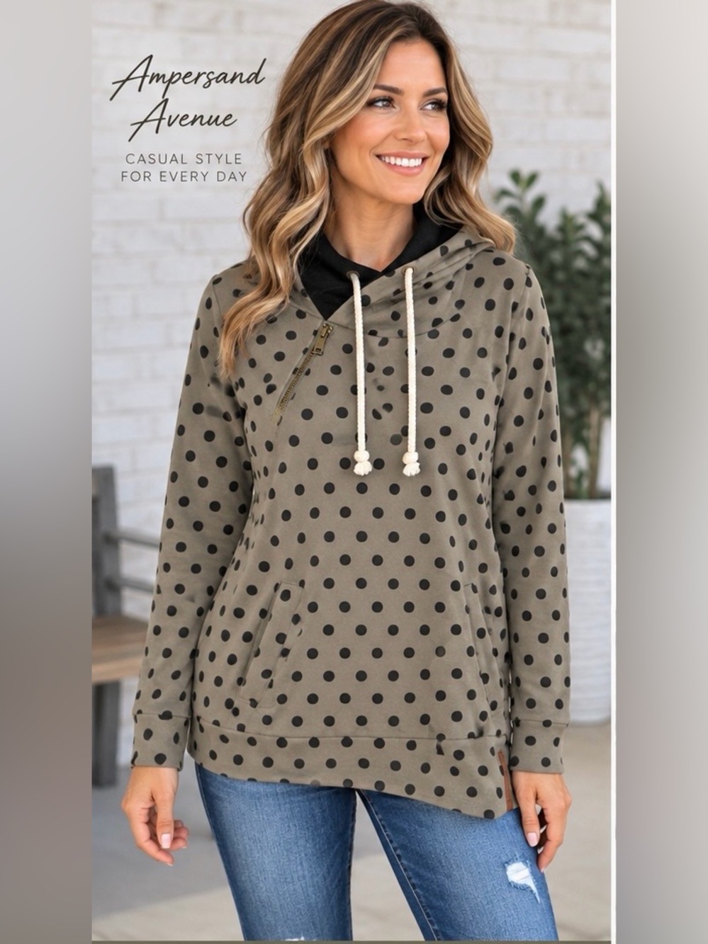AMPERSAND AVE Polka Dot Drawstring Hoodie, Asymmetrical Zipper, Kangaroo pockets